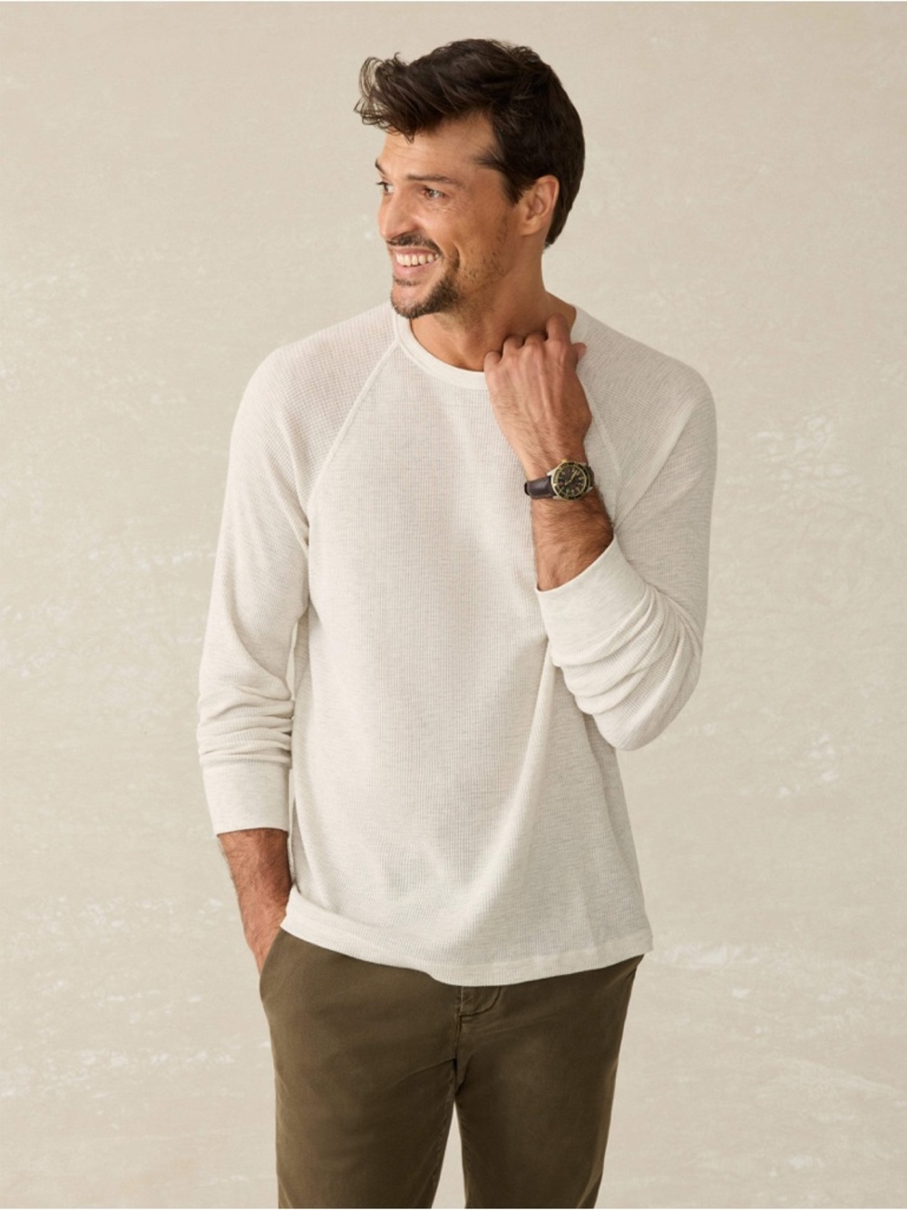NWT‎ Faherty Long Sleeve Cloud Waffle Crew Ivory Heather Pima Cotton Thermal
